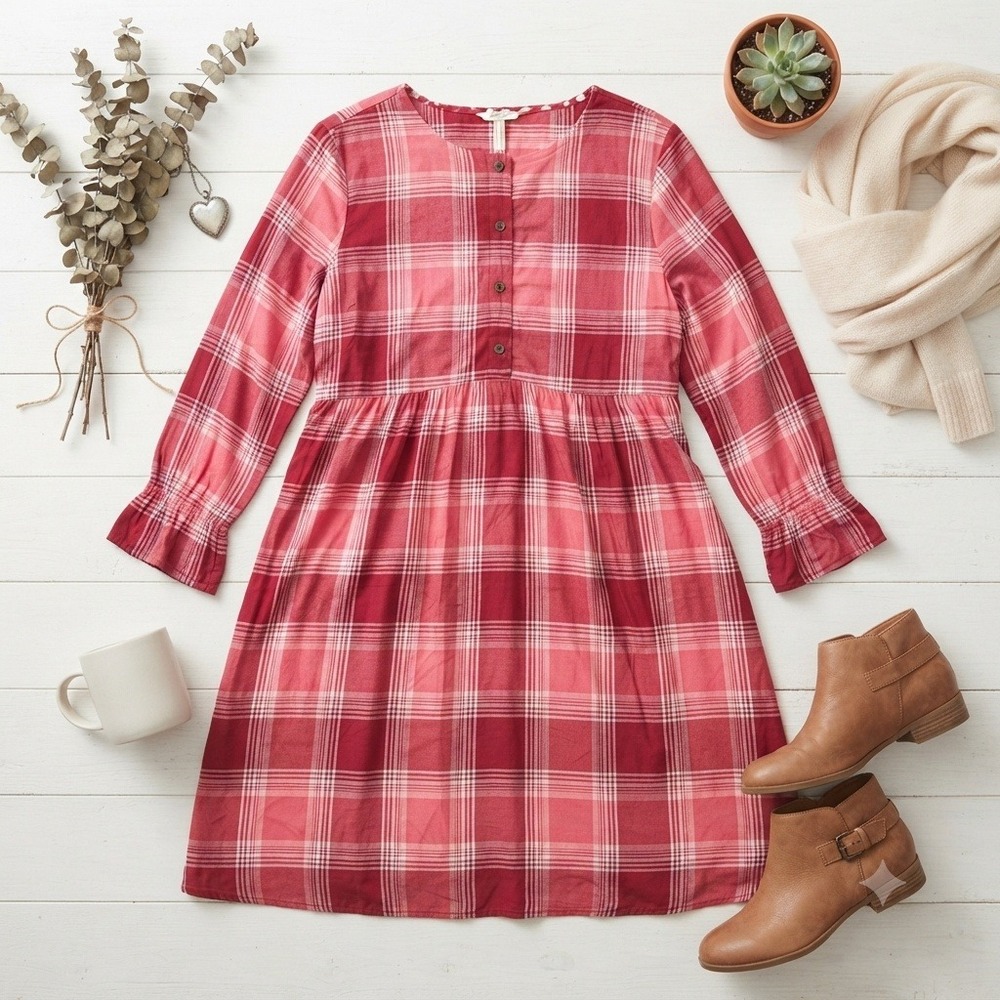 Matilda Jane Red Pink Plaid Babydoll Dress Henley Rayon Long Sleeve Women Small